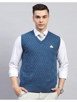 Monte Carlo - Blue Self Design V Neck Sleeveless Sweater