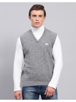 Monte Carlo - Grey Self Design V Neck Sleeveless Sweater