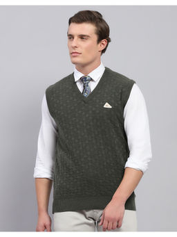 Monte Carlo - Dark Green Self Design V Neck Sleeveless Sweater