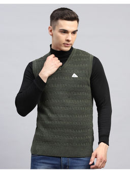 Monte Carlo - Green Self Design V Neck Sleeveless Sweater