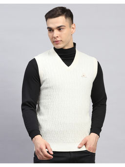 Monte Carlo - Off White Self Design V Neck Sleeveless Sweater