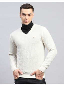 Monte Carlo - Off White Self Design V Neck Full Sleeve Pullover Sweater