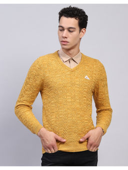 Monte Carlo - Yellow Self Design V Neck Full Sleeve Pullover Sweater
