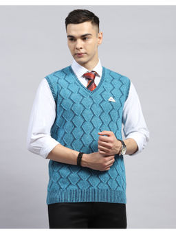 Monte Carlo - Blue Self Design V Neck Sleeveless Sweater