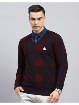 Monte Carlo - Wine Checks V Neck Full Sleeve Pullover Sweater