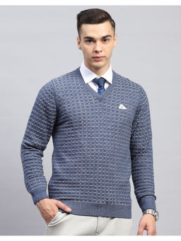 Monte Carlo - Blue Checksv Neck Full Sleeve Pullover Sweater