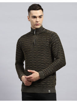 Monte Carlo - Olive Self Design High Neck Full Sleeve Pullover Sweater