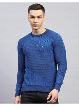 Monte Carlo - Blue Self Design Round Neck Full Sleeve Pullover Sweater