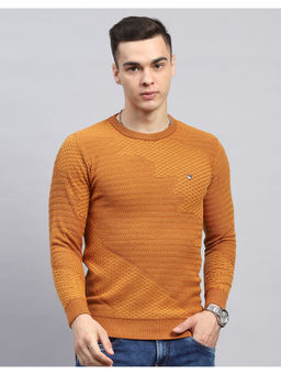 Monte Carlo - Mustard Self Design Round Neck Full Sleeve Pullover Sweater