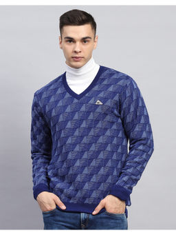 Monte Carlo - Blue Self Design V Neck Full Sleeve Pullover Sweater
