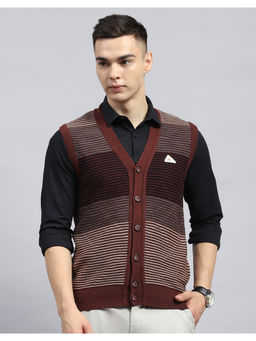 Monte Carlo - Brown Striped V Neck Sleeveless Cardigan Sweater