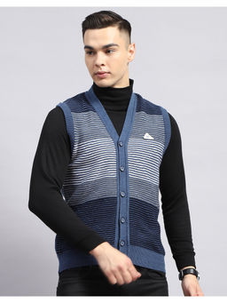 Monte Carlo - Blue Striped V Neck Sleeveless Cardigan Sweater