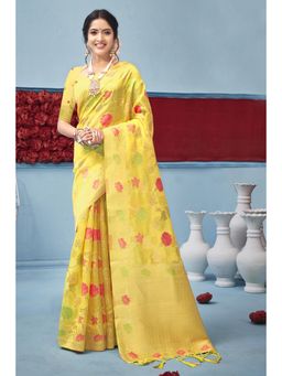 Sangam Prints - Yellow Organza Woven Zari Work Traditional Tassel Saree with Unstitched Blouse