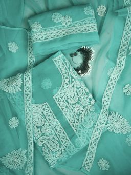 ADA - Hand Embroidered Sea Green Georgette Lucknowi Chikankari Dress Material (Set of 3)