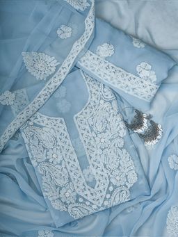 ADA - Hand Embroidered Sky Blue Georgette Lucknowi Chikankari Dress Material (Set of 3)