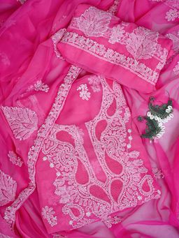 ADA - Hand Embroidered Dark Pink Georgette Lucknowi Chikankari Unstitched Dress Material (Set of 3)