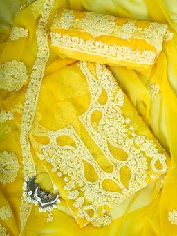 ADA - Hand Embroidered Yellow Georgette Lucknowi Chikankari Unstitched Dress Material (Set of 3)
