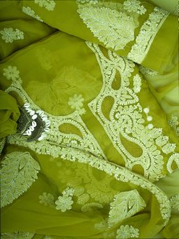 ADA - Hand Embroidered Olive Georgette Lucknowi Chikankari Unstitched Dress Material (Set of 3)