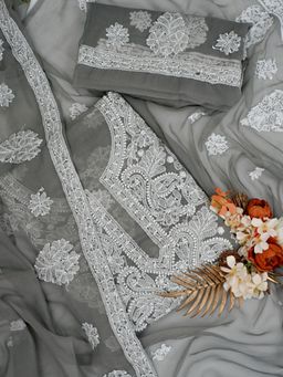 ADA - Embroidered Grey Lucknowi Chikankari Unstitched Kurta with Bottom and Dupatta (Set of 3)