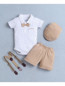 Bumzee - White and Beige Bodysuit and Short With Applique Bow Suspender and Cap