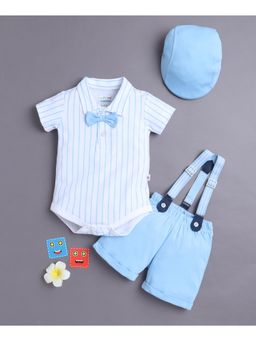 Bumzee - White and Sky Blue Bodysuit and Short With Applique Bow Suspender and Cap