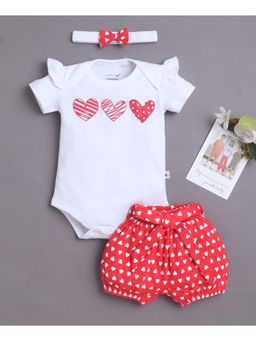 Bumzee - White and Red Girls Half Sleeves Bodysuit and Short and Belt With Headband