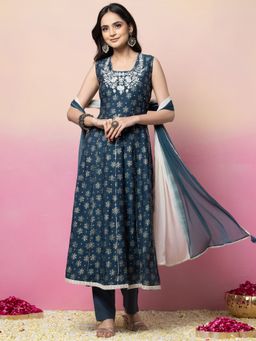Indya - Blue Gota Muslin Anarkali Kurta with Pant and Dupatta (Set of 3)