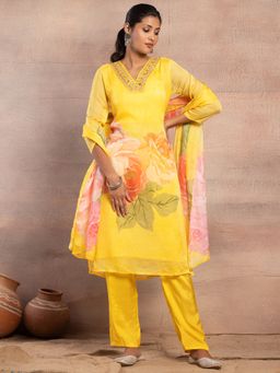 Indya - Yellow Floral Print Organza Kurta with Pant and Dupatta (Set of 3)