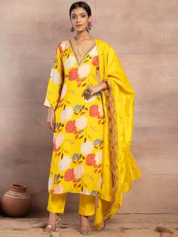 Indya - Yellow Floral Print Embroidered Muslin Kurta with Pant and Dupatta (Set of 3)