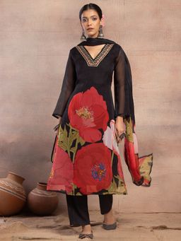 Indya - Black Floral Print Organza Kurta with Pant and Dupatta (Set of 3)