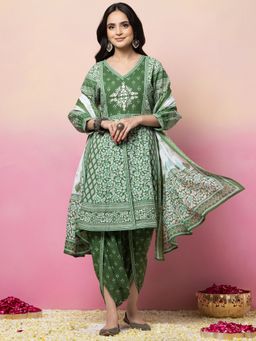 Indya - Green Jaal Print Cotton Anarkali Kurta with Dhoti Pant and Dupatta (Set of 3)