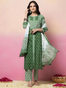 Indya - Green Printed Cotton Straight Kurta with Pant and Dupatta (Set of 3)