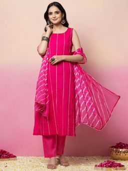 Indya - Pink Pintuck Cotton Kurta with Pant and Printed Dupatta (Set of 3)