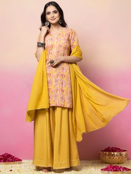 Indya - Yellow Floral Print Pintuck Cotton Kurta with Palazzo and Dupatta (Set of 3)