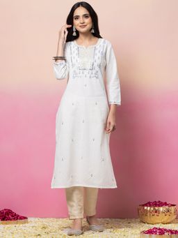 Indya - White Mirror and Thread Embroidered Straight Kurta