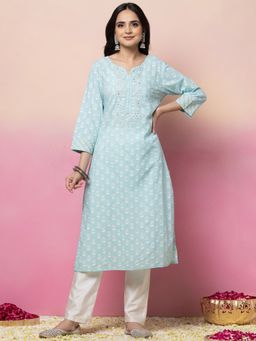Indya - Light Blue Floral Boota Print Cotton Kurta