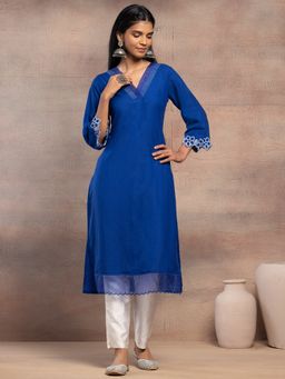 Indya - Navy Blue V-Neck Cotton A-Line Kurta