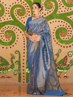 Odette - Women Silk Blend Blue Woven Design Saree with Unstitched Blouse