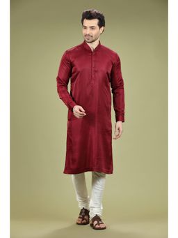 KORA - Mens Solid Nysaa Silk Kurta and Pyjama - Wine