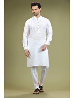 KORA - Mens Solid Linen Kurta and Pyjama - White