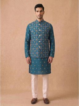 KORA - Mens Print Silk Kurta with Jacket and Pyjama in Rama Green