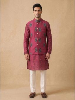 KORA - Mens Print Silk Kurta and Jacket with Kurta and Pyjama - Maroon