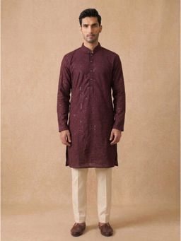 KORA - Mens Embroidery Silk Kurta and Pyjama - Wine