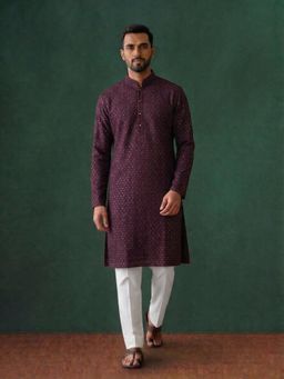 KORA - Mens Embroidery Silk Kurta and Pyjama - Wine
