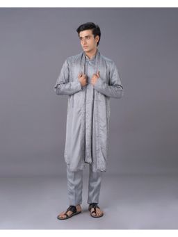 KORA - Mens Embroidery Stain Silk Kurta and Pyjama with Dupatta - Grey