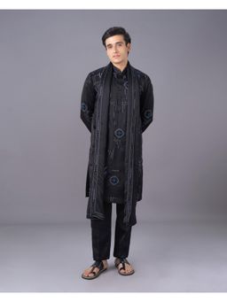 KORA - Mens Embroidery Munga Silk Kurta and Pyjama with Dupatta - Black