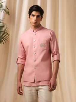 KORA - Mens Embroidery Linen Bandhgala and Shirt - Pink
