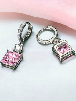Designs & You - Crushed Ice Cut Cubic Zirconia Silver Plated Pink Square Drop Earrings
