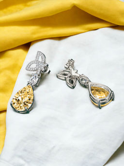 Designs & You - Crushed Ice Cut Cubic Zirconia Silver Plated Yellow Teardrop Shaped Drop Earrings