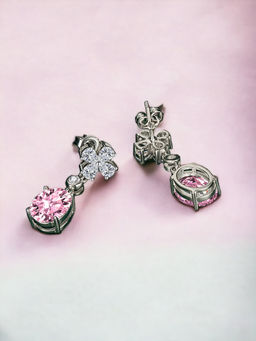 Designs & You - Crushed Ice Cut Cubic Zirconia Silver Plated Pink Oval Drop Earrings